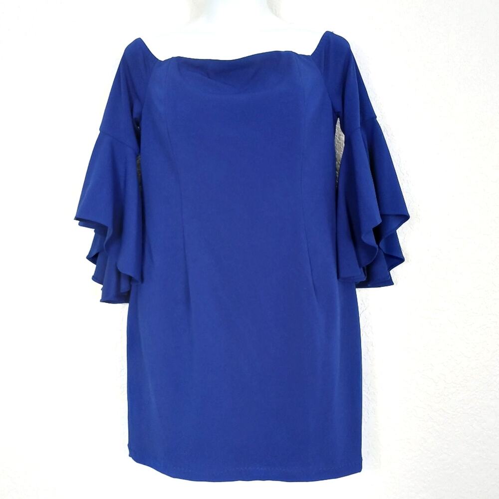 Calvin Klein Royal Blue Ruffle Bell Sleeve Mini Dress Elegant Cocktail Size 14